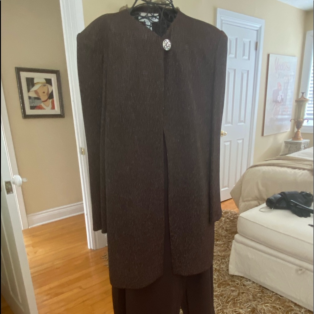 Palazzo pant suit with metallic long jacket.